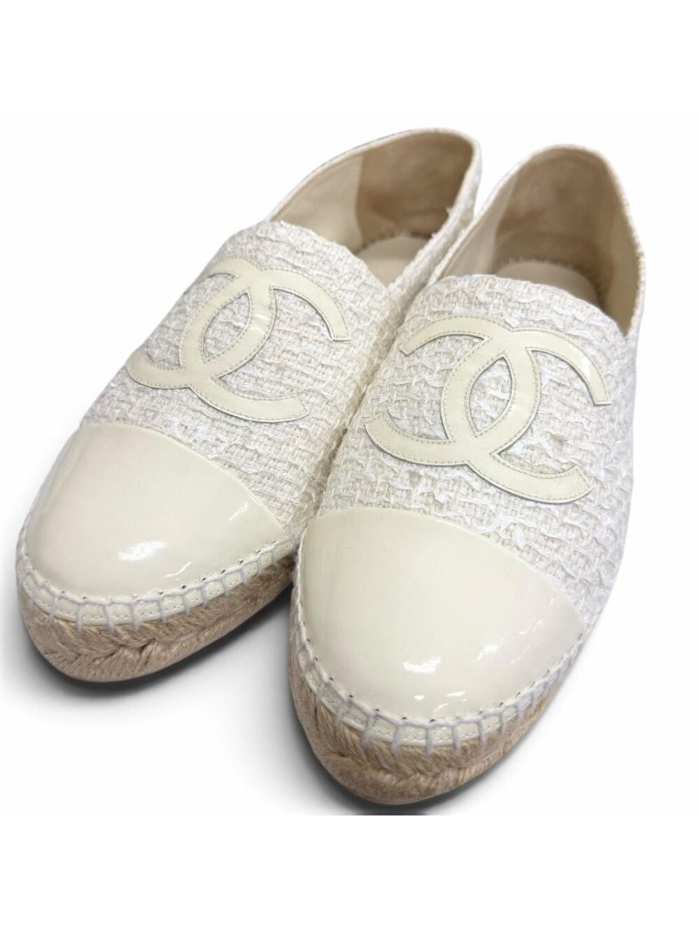 Chanel CC Logo Espadrille Slip Ons Flat Shoes Ivory